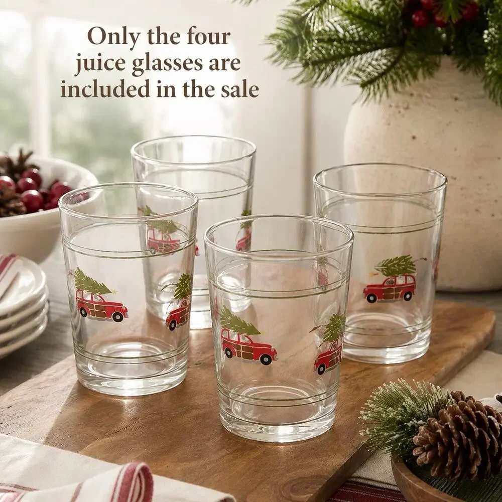 Pottery Barn Christmas Woody Car Juice Glasses Set of 4 Holiday Glassware